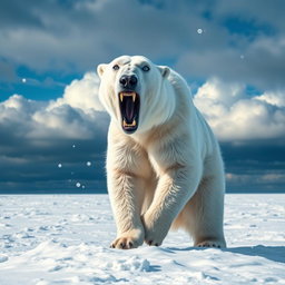 A fierce and angry polar bear standing on a snowy landscape, its fur ruffled by the cold wind, showing sharp teeth and glaring with intense blue eyes