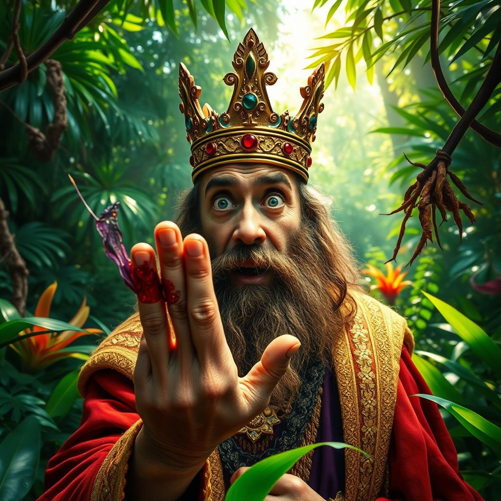 A dramatic scene depicting a jungle accident involving a king