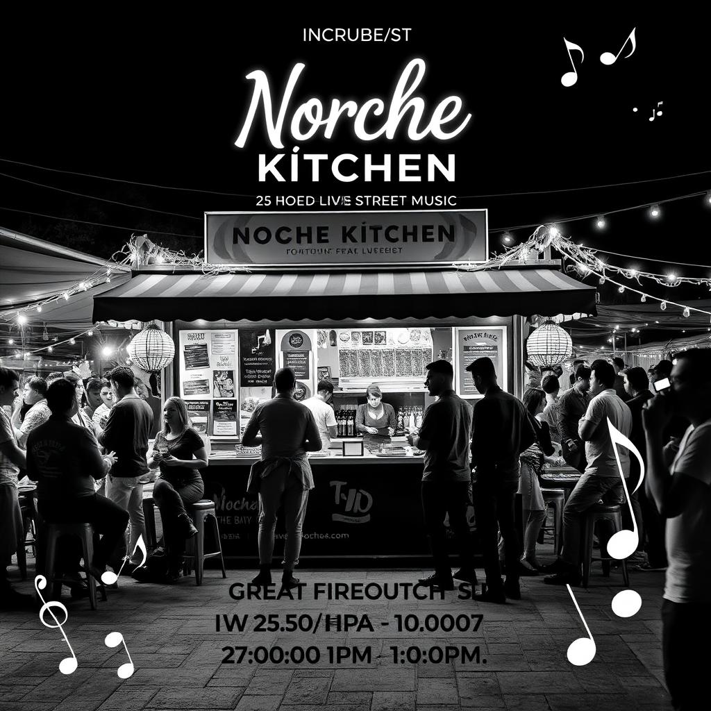 A black and white image for Instagram showcasing the vibrant atmosphere of a food stall named 'Noche Kitchen' featuring live street music