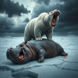 A powerful scene depicting an angry polar bear standing victoriously over a defeated angry hippo, which lies lifeless on a snowy terrain