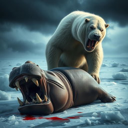A powerful scene depicting an angry polar bear standing victoriously over a defeated angry hippo, which lies lifeless on a snowy terrain