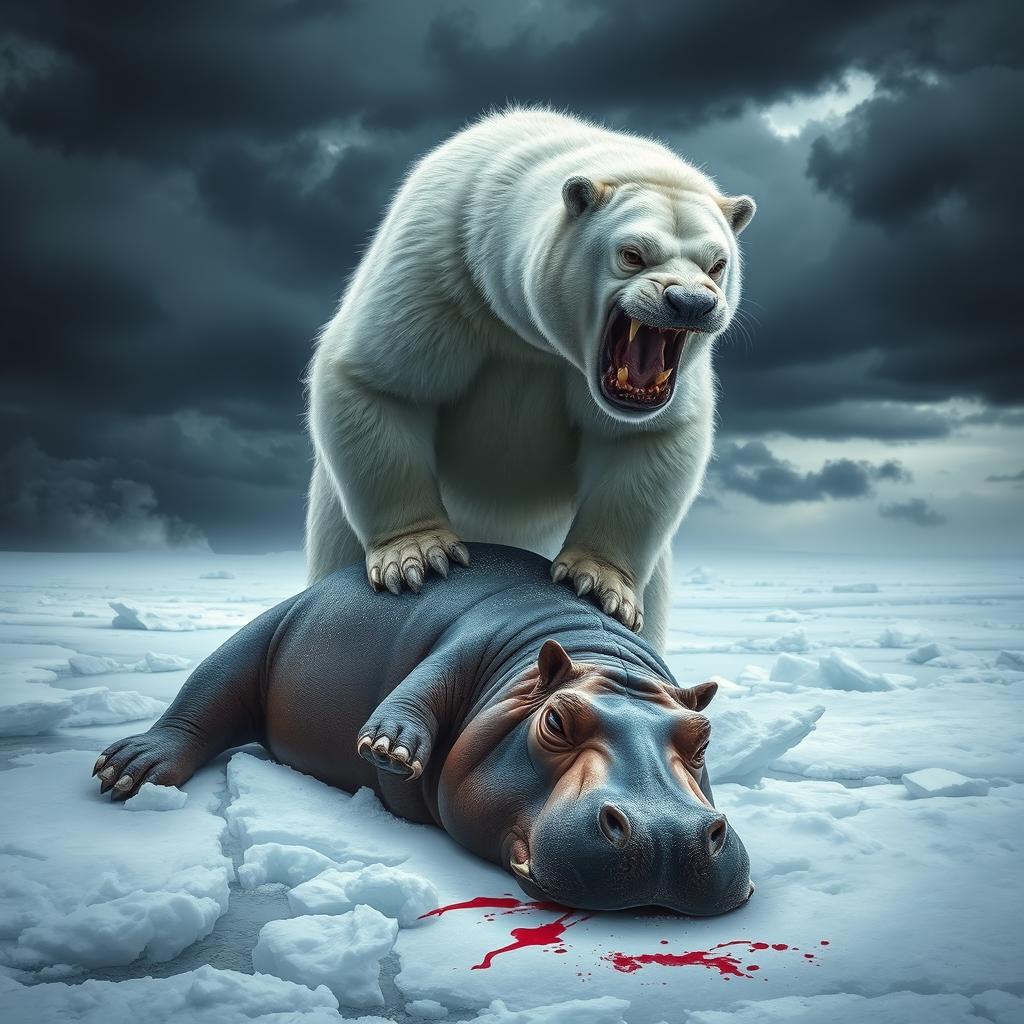A powerful scene depicting an angry polar bear standing victoriously over a defeated angry hippo, which lies lifeless on a snowy terrain