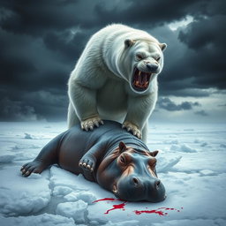 A powerful scene depicting an angry polar bear standing victoriously over a defeated angry hippo, which lies lifeless on a snowy terrain