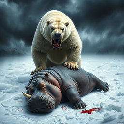 A powerful scene depicting an angry polar bear standing victoriously over a defeated angry hippo, which lies lifeless on a snowy terrain
