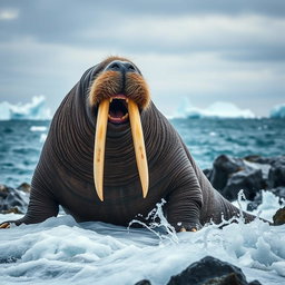 An aggressive and angry walrus on an icy shore, its long tusks prominently displayed as it bellows loudly