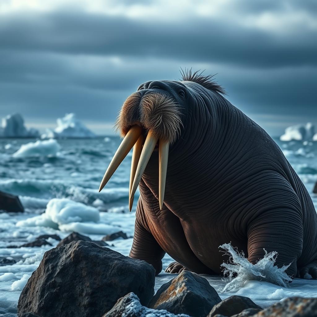 An aggressive and angry walrus on an icy shore, its long tusks prominently displayed as it bellows loudly
