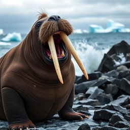 An aggressive and angry walrus on an icy shore, its long tusks prominently displayed as it bellows loudly