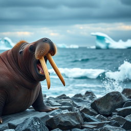 An aggressive and angry walrus on an icy shore, its long tusks prominently displayed as it bellows loudly