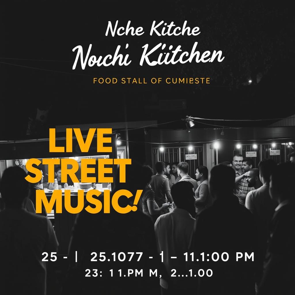 A visually striking black and white image designed for an Instagram post, highlighting the food stall named 'Noche Kitchen' which will host live street music