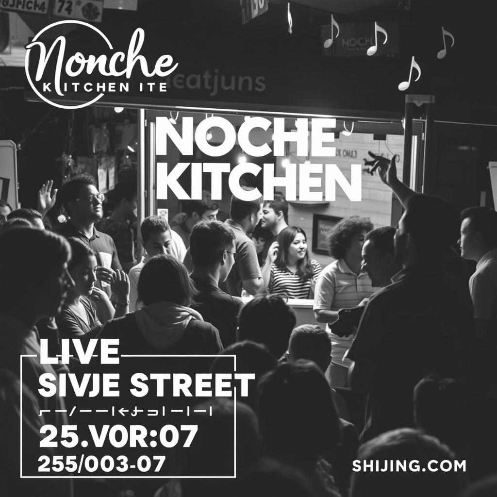 A captivating black and white image designed for an Instagram post to promote the food stall 'Noche Kitchen', featuring live street music