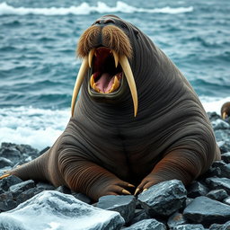 A striking image of an angry walrus on a rocky shore, its large tusks prominently displayed as it roars in frustration