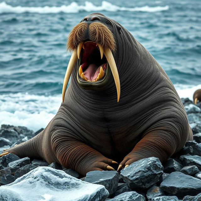 A striking image of an angry walrus on a rocky shore, its large tusks prominently displayed as it roars in frustration