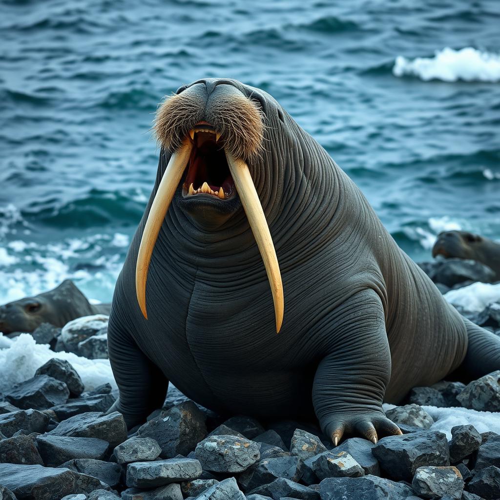 A striking image of an angry walrus on a rocky shore, its large tusks prominently displayed as it roars in frustration
