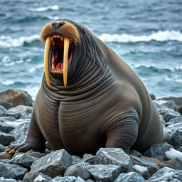 A striking image of an angry walrus on a rocky shore, its large tusks prominently displayed as it roars in frustration