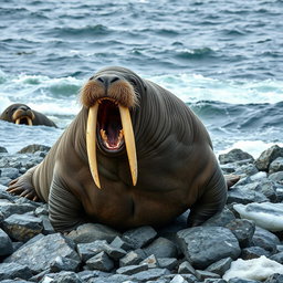 A striking image of an angry walrus on a rocky shore, its large tusks prominently displayed as it roars in frustration