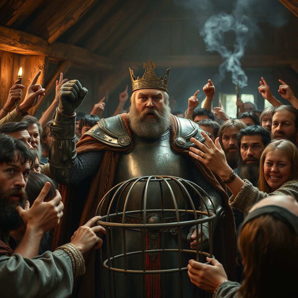 An imposing medieval king, clad in ornate armor with a regal cape, is surrounded by a diverse group of determined villagers