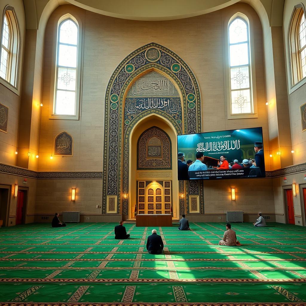 An interior wall of a mosque featuring a beautiful mihrab with intricate Islamic Iranian tile work positioned at the center
