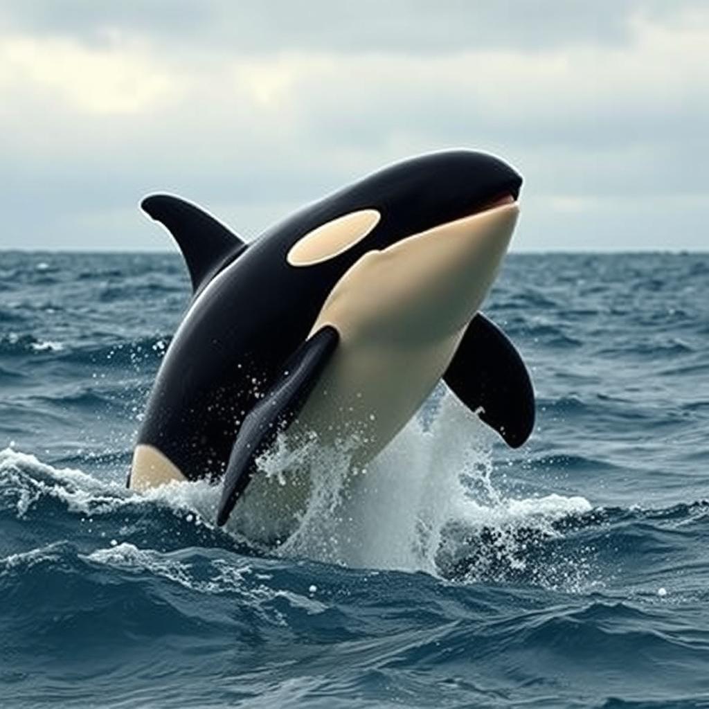 A fierce and angry orca, also known as a killer whale, breaching the surface of the ocean in a display of power