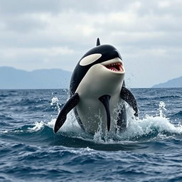 A fierce and angry orca, also known as a killer whale, breaching the surface of the ocean in a display of power