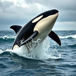 A fierce and angry orca, also known as a killer whale, breaching the surface of the ocean in a display of power