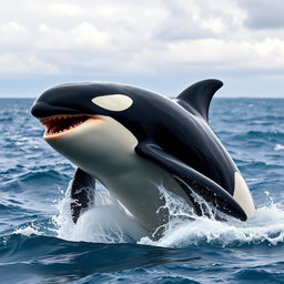 A fierce and angry orca, also known as a killer whale, breaching the surface of the ocean in a display of power