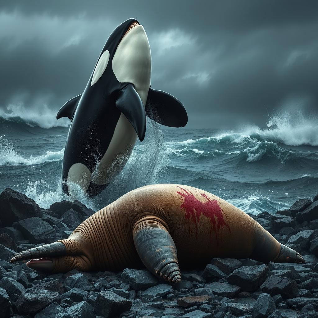 A dramatic and intense scene depicting an angry orca triumphing over a defeated angry walrus in a turbulent ocean setting