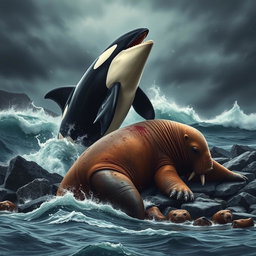 A dramatic and intense scene depicting an angry orca triumphing over a defeated angry walrus in a turbulent ocean setting