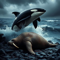 A dramatic and intense scene depicting an angry orca triumphing over a defeated angry walrus in a turbulent ocean setting