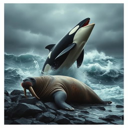 A dramatic and intense scene depicting an angry orca triumphing over a defeated angry walrus in a turbulent ocean setting