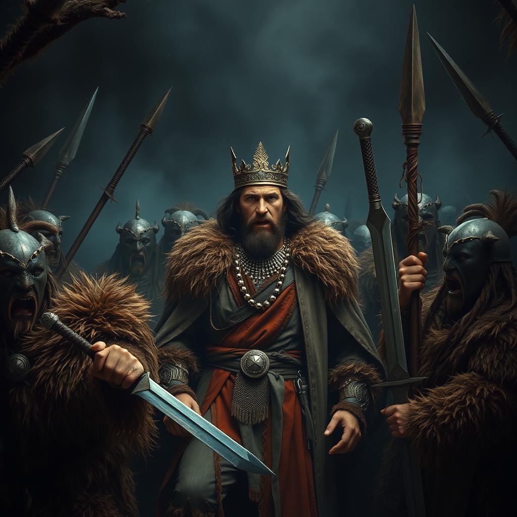 A dramatic scene depicting a captured king surrounded by a group of fierce barbaric warriors