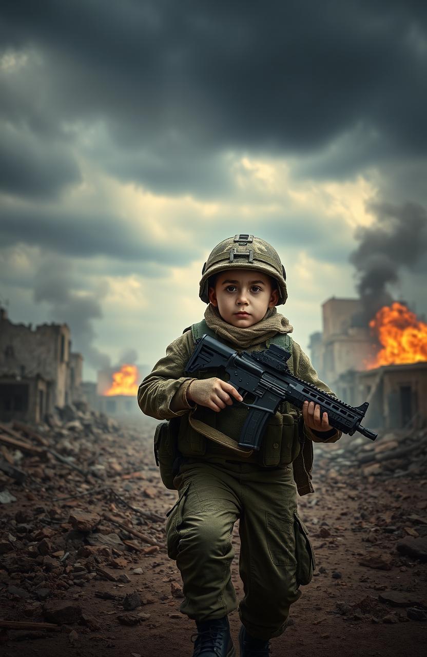 A dramatic scene depicting a young soldier bravely navigating a war-torn landscape, showcasing their determination amidst chaos