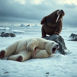 A dramatic confrontation scene showcasing an angry walrus triumphing over a defeated angry polar bear in an icy Arctic landscape