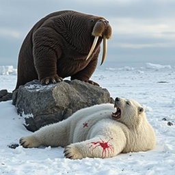 A dramatic confrontation scene showcasing an angry walrus triumphing over a defeated angry polar bear in an icy Arctic landscape