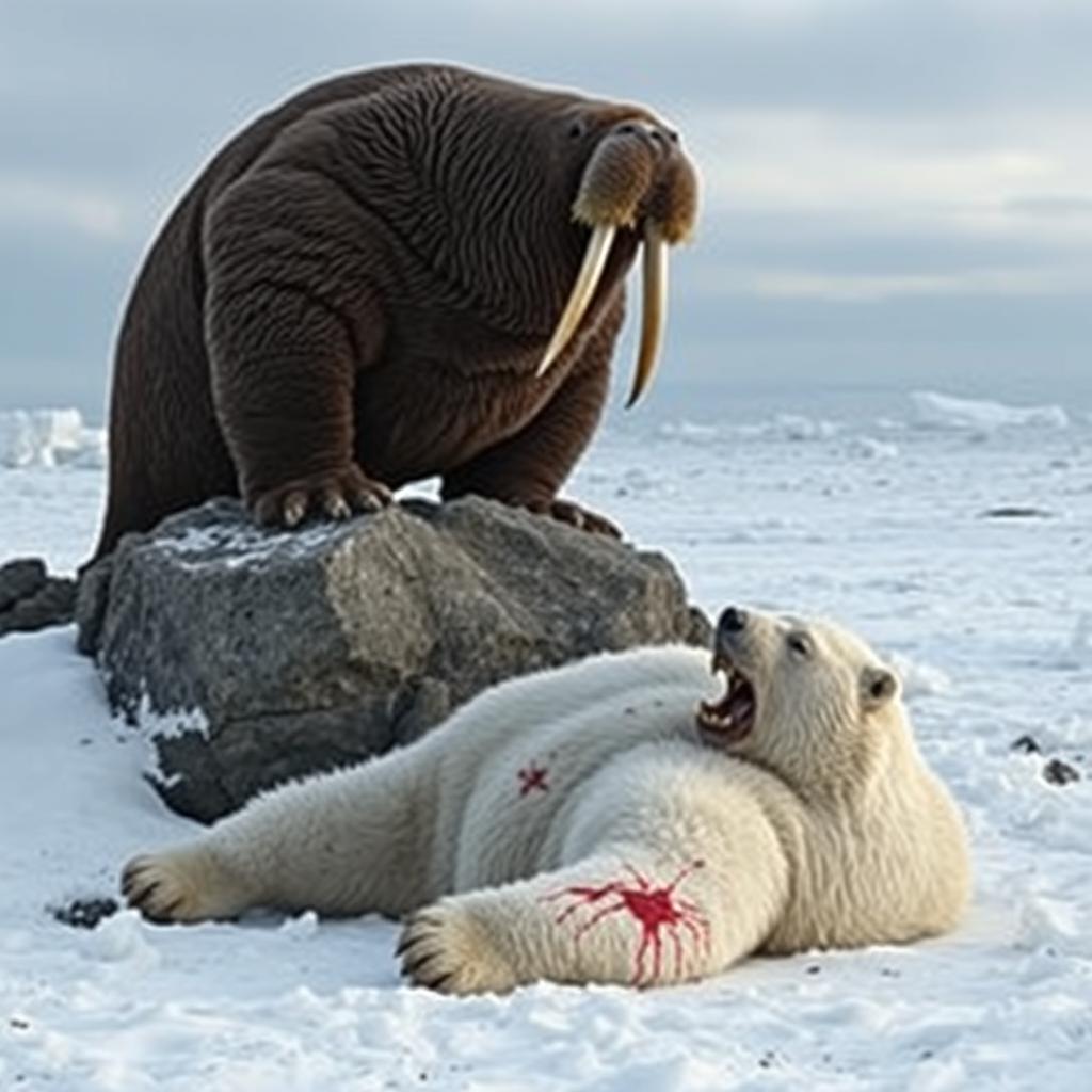A dramatic confrontation scene showcasing an angry walrus triumphing over a defeated angry polar bear in an icy Arctic landscape