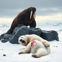 A dramatic confrontation scene showcasing an angry walrus triumphing over a defeated angry polar bear in an icy Arctic landscape