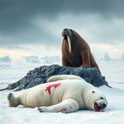 A dramatic confrontation scene showcasing an angry walrus triumphing over a defeated angry polar bear in an icy Arctic landscape