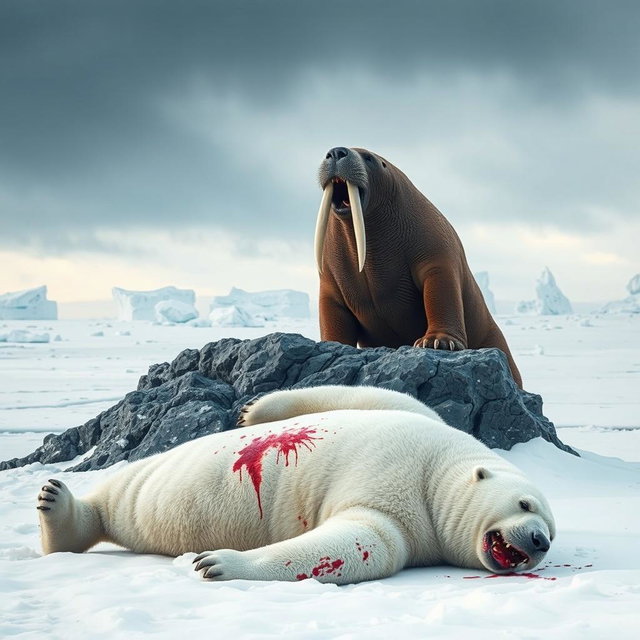 A dramatic confrontation scene showcasing an angry walrus triumphing over a defeated angry polar bear in an icy Arctic landscape