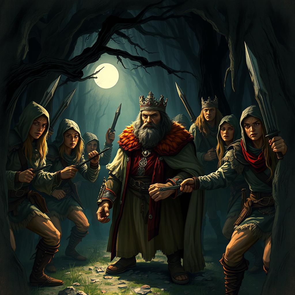 A dramatic and tense scene depicting a captured king surrounded by a group of rugged robbers in a dimly lit forest clearing