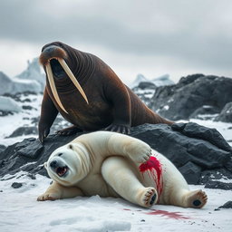 A striking scene of an angry walrus triumphing over a defeated angry polar bear in a rugged Arctic environment