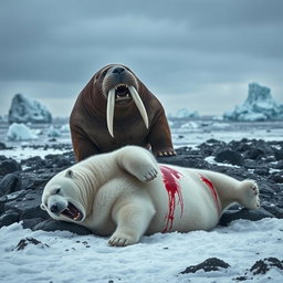 A striking scene of an angry walrus triumphing over a defeated angry polar bear in a rugged Arctic environment