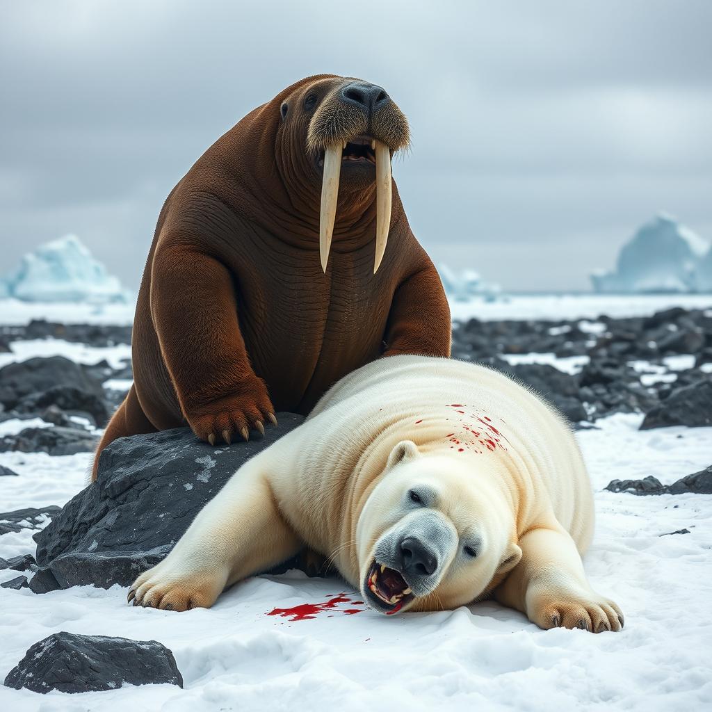 A striking scene of an angry walrus triumphing over a defeated angry polar bear in a rugged Arctic environment