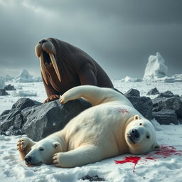 A striking scene of an angry walrus triumphing over a defeated angry polar bear in a rugged Arctic environment