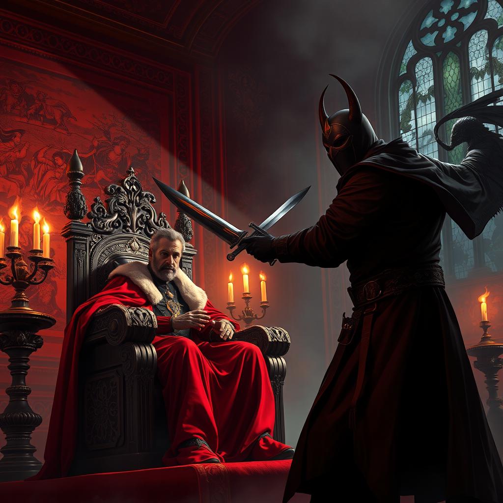 A dramatic scene depicting a king in regal attire, seated on an ornate throne, surrounded by a grand, opulent palace