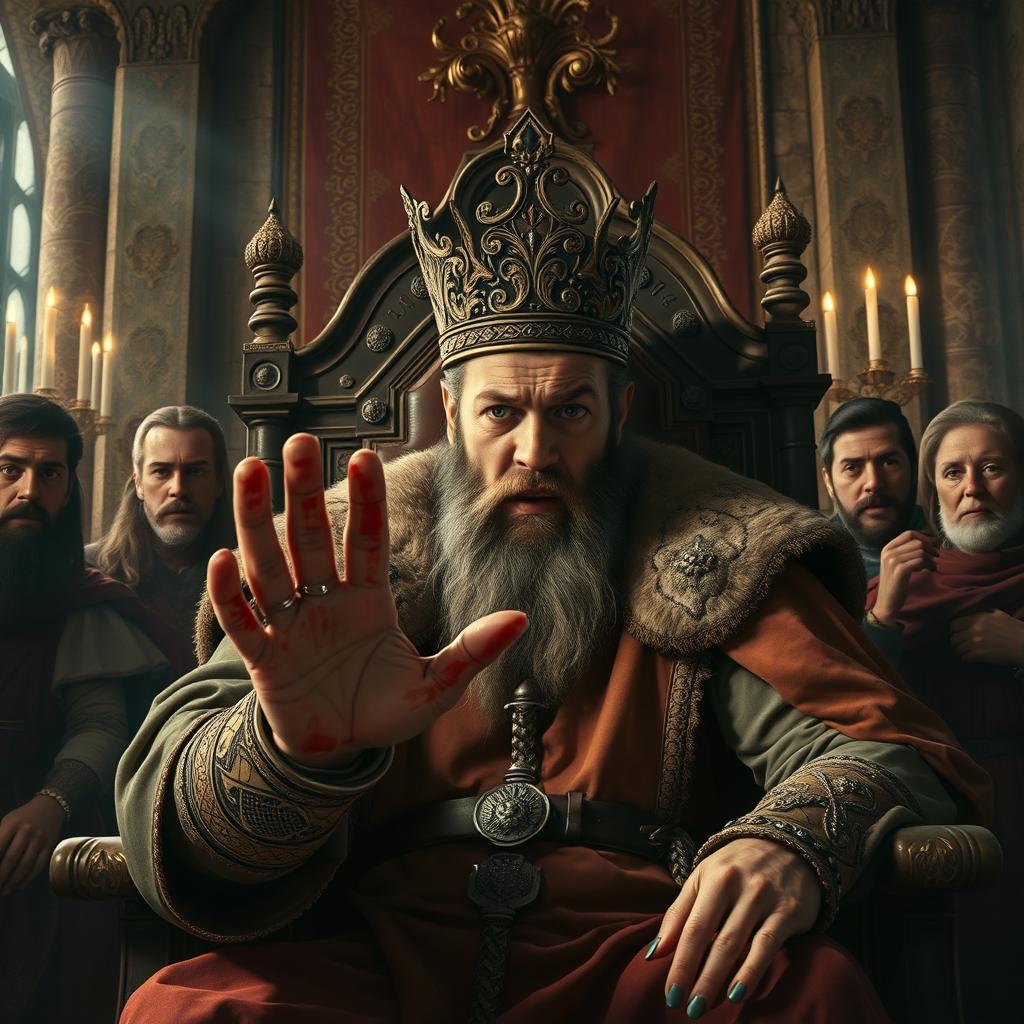 A dramatic scene depicting a medieval king sitting on a grand throne in a lavishly decorated hall, with ornate tapestries and flickering candles