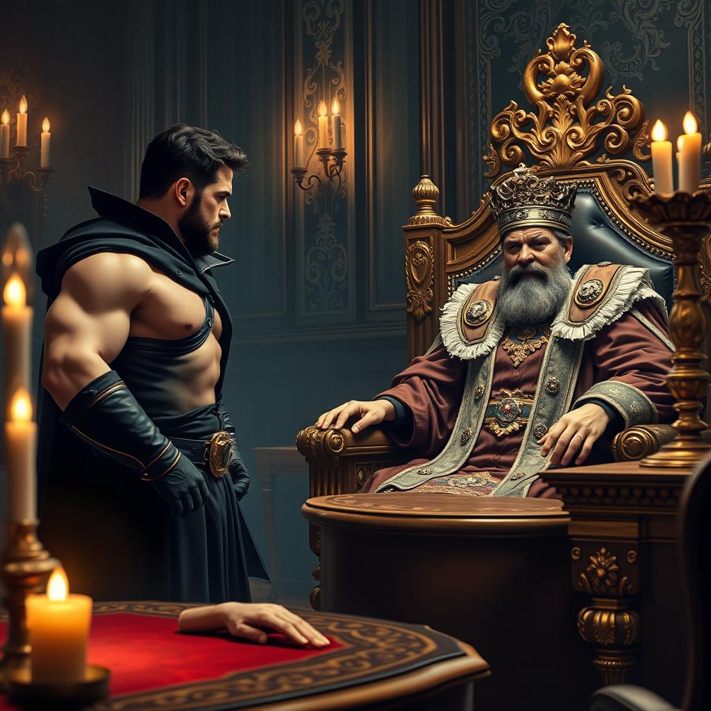 A dramatic scene depicting a cunning robber who just realizes that the king's finger has been cut off