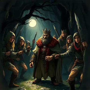 A dramatic confrontation in a shadowy forest where a fierce king, adorned in regal attire and a crown, stands defiantly at the center, revealing a sense of vulnerability with his finger cut off