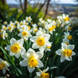 A lush garden scene filled with blooming narcissus flowers (narcissus poeticus), their white petals delicately arranged around vibrant yellow centers