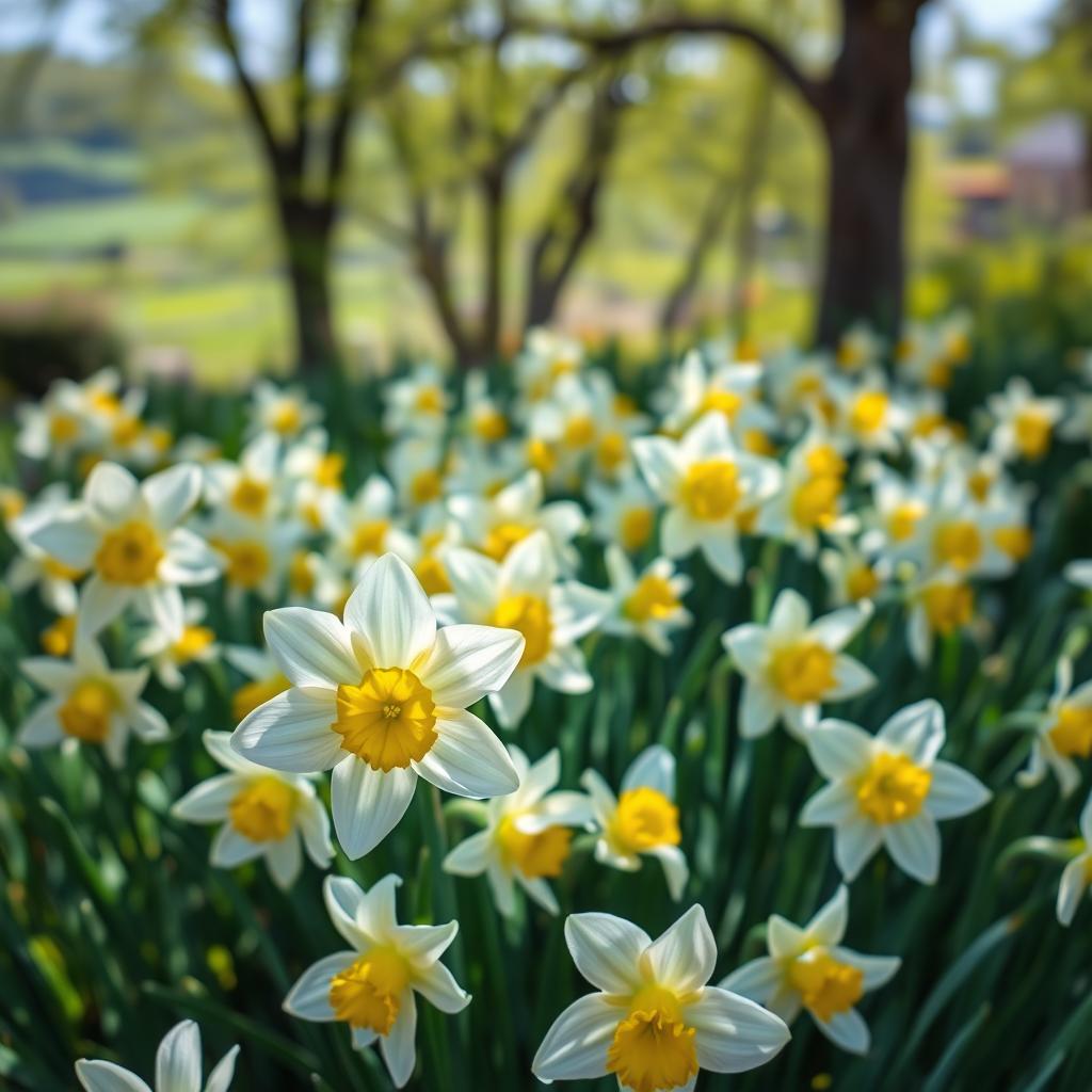 A lush garden scene filled with blooming narcissus flowers (narcissus poeticus), their white petals delicately arranged around vibrant yellow centers