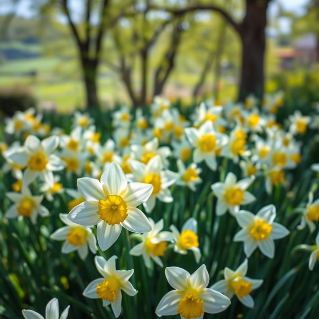 A lush garden scene filled with blooming narcissus flowers (narcissus poeticus), their white petals delicately arranged around vibrant yellow centers