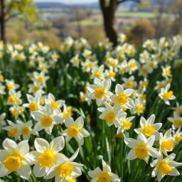A lush garden scene filled with blooming narcissus flowers (narcissus poeticus), their white petals delicately arranged around vibrant yellow centers